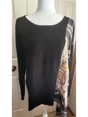 Chico’s Size 2 Large Black Paisley Mixed Media Asymmetrical Tunic Top
